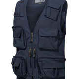 kkboxly  Zipper Pockets Cargo Vest, Men's Casual Street Style Zip Up Vest For Spring Summer Outdoor Fishing Photography