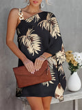 Kkboxly  Floral Print Slant Neck Off Shoulder Dress, Elegant Asymmetrical Batwing Sleeve Mini Drape Club Party Dresses, Women's Clothing