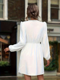 kkboxly  Solid Cowl Neck Cinched Waist Dress, Casual Long Sleeve Slit Dress, Women's Clothing
