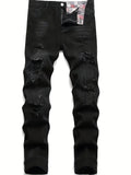 kkboxly  Regular Fit Ripped Jeans, Men's Casual Street Style Distressed Denim Pants For All Seasons
