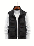 kkboxly  Multi Zipper Pockets Vest, Men's Casual Stand Collar Zip Up Vest For Spring Summer Outdoor Fishing Hiking