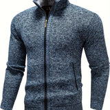 kkboxly  Warm Stand Collar Fleece Jacket, Men's Semi-formal Comfortable Solid Color Zip Up Knitted Cardigan For Spring Fall