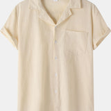 kkboxly  Mens Casual Non-Stretch Turndown Collar Short Sleeve Flax T Shirt, Male Clothes For Summer