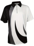 kkboxly  Trendy Abstract Pattern Print Men's Casual Short Sleeves Zipper Polo Shirts, Lapel Collar Tops Pullovers, Men's Clothing For Summer