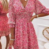 Kkboxly  Women's Dresses Puff Sleeve Floral Print Ruched Waist V-Neck Boho Dresses