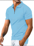 kkboxly  Solid Color Men's Casual Short Sleeves Zipper Graphic Polo Shirts, Lapel Collar Tops Pullovers, Men's Clothing For Summer