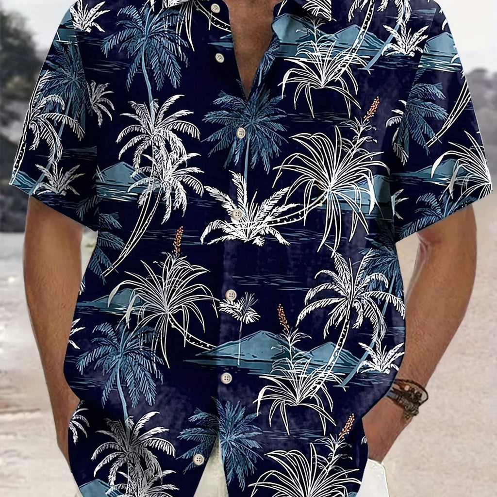 kkboxly  Men's Hawaiian Shirt - Fully Printed Coconut Tree Pattern, Plus Size, Short Sleeve, Button Down Dress Shirt