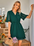 kkboxly  Swiss Dot Surplice Neck Dress, Casual Ruffle Trim Short Sleeve Dress, Women's Clothing
