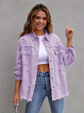 Plain Ripped Holes Lapel Denim Jackets, Distressed Raw Hem Long Sleeves Casual Denim Coats, Women's Denim  Clothing