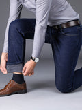 kkboxly  Men's Stylish Loose Fleece Denim Pants With Pockets, Active Breathable Comfy Mid Stretch Straight Leg Trousers For City Walk Street Hanging Outdoor Activities