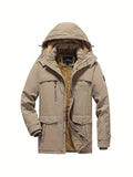 kkboxly Warm Fleece Flap Pocket Jacket For Fall Winter, Men's Casual Hooded Windbreaker Jacket For Outdoor Climbing Camping