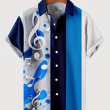 kkboxly  Plus Size Lapel Mens Hawaiian "Musical Note Striped" Pattern Button Down Shirts, Top Blouse Shirts, Short Sleeve, Bowling Dress Shirts
