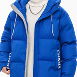 kkboxly  Men's Stylish CHANA Pattern Puffer Coat With Pockets, Casual Breathable Zip Up Long Sleeve Warm Hooded Top For City Walk Street Hanging Winter Outdoor Activities