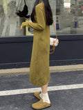 kkboxly  Solid Long Sleeve Knit Dress, Chic Notch Neck Midi Length Dress, Women's Clothing
