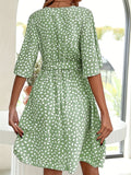 kkboxly  Allover Print Belted V Neck Dress, Casual Short Sleeve Dress For Spring & Summer, Women's Clothing