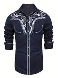 kkboxly 98% Cotton Elegant Western Cowboy Men's Casual Long Sleeve Embroidered Shirt, Men's Shirt For Spring Fall Vacation Resort, Tops For Men