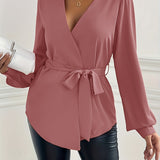 kkboxly  Solid Surplice Neck Blouse, Casual Long Sleeve Simple Blouse, Women's Clothing