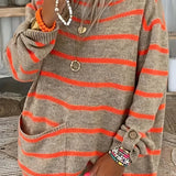 xieyinshe  Stripe Pattern Pocket Knitted Sweater, Casual Long Sleeve Sweater For Fall & Winter, Women's Clothing