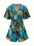 kkboxly  Boho Floral Print Belted Jumpsuit, Flutter Sleeve Deep V Neck Casual Jumpsuit For Summer & Spring, Women's Clothing