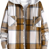 kkboxly  Men's Casual Plaid Hooded Jacket, Long Sleeve Button Down Comfy Shirt For Men's Autumn & Winter Outdoor Activities