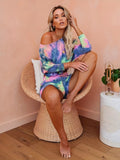 kkboxly Colorful Tie Dye Print Two-piece Set, Crew Neck Long Sleeve Top & Pocket Shorts Outfits, Women's Clothing