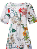 Kkboxly   Floral Print Round Neck Dress, Casual  Pocket Short Sleeve Beach High Waist Summer Dresses, Women's Clothing