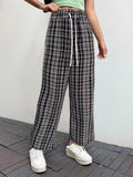 2025 kkboxly  Plaid Pattern Drawstring Waist Pants, Casual Wide Leg Pants, Women's Clothing