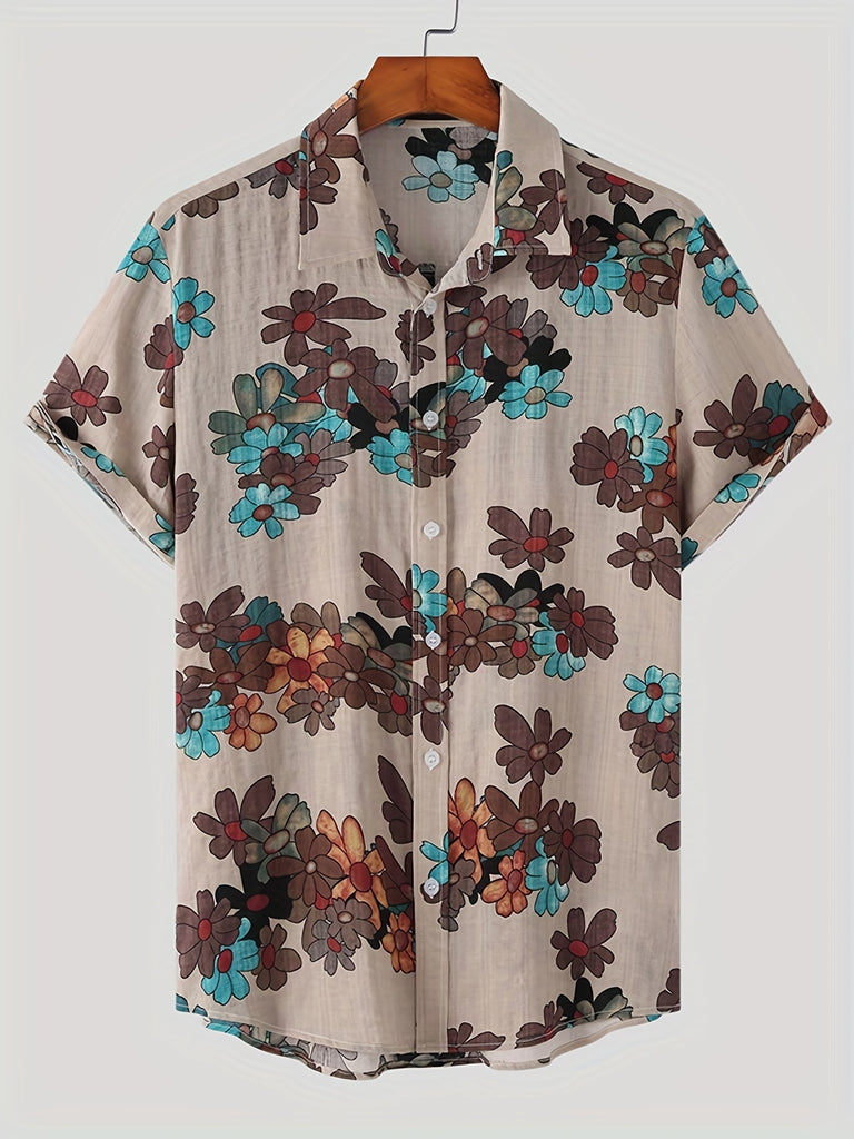 kkboxly  Men's Plus Size Hawaiian Shirt, Flower Printing Lapel Short Sleeve Casual Men Streetwear For Vacation / Leisurewear