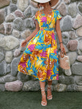 kkboxly  Leaves Print Shirred Waist Dress, Vacation Surplice Neck Short Sleeve Summer Dress, Women's Clothing