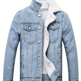 kkboxly  Men's Casual Fleece Lined Denim Jacket, Street Style Button Up Jacket For Fall Winter