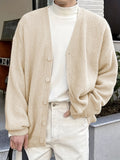 kkboxly  All Match Knitted Solid Color V Neck Cardigan, Men's Casual Warm Slightly Stretch Button Up Coat For Fall Winter