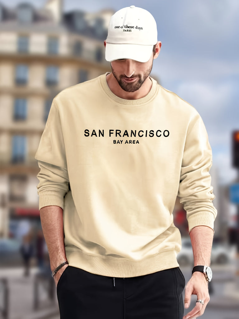 kkboxly  San Francisco Print Sweatshirt, Men's Casual Graphic Design Slightly Stretch Crew Neck Pullover Sweatshirt For Autumn Winter
