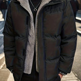 Plus Size Men's Hooded Puffer Jacket For Fall Winter, Patchwork Fake Two-piece Jacket, Thick Warm Tops For Males, Men's Clothing