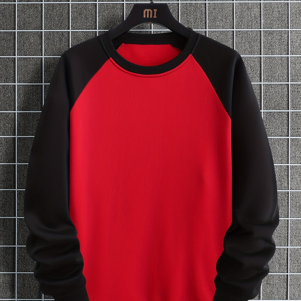 kkboxly  Men's Casual Trendy Crewneck Long Sleeve Color Block Pullover, Loose Oversized Sweatshirt Plus Size