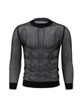 kkboxly  Trendy Knitted Mesh Fishnet Sweater, Men's Casual Sexy  Crew Neck Pullover Sweater For Men Clubwear