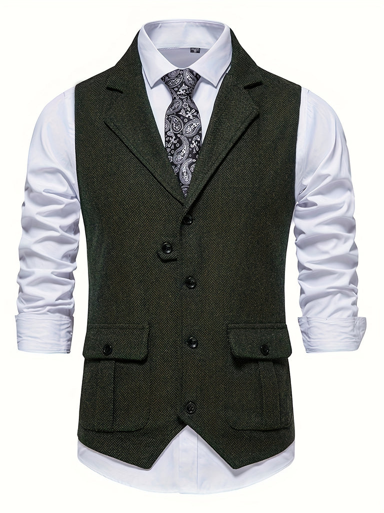 kkboxly  Men's Herringbone Tweed Vest Notched Lapel Single Breasted Sleeveless Vest Jacket
