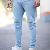 kkboxly Slim Fit Cotton Jeans, Men's Casual Solid Color Mid Stretch Denim Pants For Spring Summer