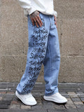 Letter Print Loose Fit Jeans, Men's Casual Street Style Wide Leg Denim Pants For All Seasons