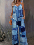 kkboxly  Denim Print Wide Leg Jumpsuit, Casual Sleeveless Jumpsuit For Spring & Summer, Women's Clothing