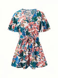 kkboxly  Boho Floral Print Belted Jumpsuit, Flutter Sleeve Deep V Neck Casual Jumpsuit For Summer & Spring, Women's Clothing