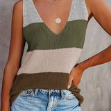 Knitted Tank Top, Color Block Sleeveless Casual Knitted Top, Women's Clothing