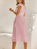 kkboxly  Striped Print Solid Dress, Elegant Ruffle Sleeve V Neck Midi Dress, Women's Clothing