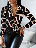 kkboxly   High Contrast Print Blouse, Long Sleeve Button Down Shirt, Casual Night Out Tops For Party & Club, Women's Clothing