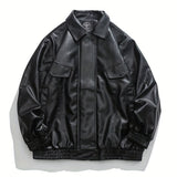 kkboxly  Men's Solid PU Jacket, Cool Personalized Cargo Jacket With Pockets For Autumn/winter, Men's Clothing, Plus Size