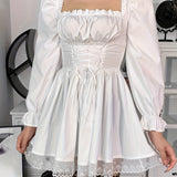 kkboxly  Lace Up Square Neck Flared Dress, Gothic Lolita Ruffle Trim Lantern Dress, Women's Clothing