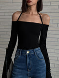 kkboxly  Halter Neck Solid T-Shirt, Casual Long Sleeve Top For Spring, Women's Clothing