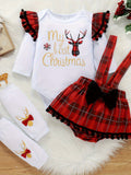 My First Christmas Baby Girl Outfits, Newborn Cartoon Deer & Letter Print Long Sleeve Ruffle Romper + Plaid Suspender Skirt + Leg Warmer 3pcs For 0-18 Months Babies, Outdoor Cloth