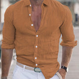 Men's Shirt Top Cotton & Linen Blend Turn-Down Collar Long Sleeves Closure Regular Fit Solid Color Male Casual Shirt For Daily