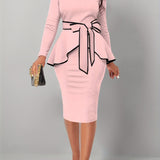 kkboxly Elegant Work Two-piece Set, Long Sleeve Keyhole Tops & Bag Hip Knee Length Skirts Outfits, Women's Clothing