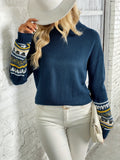 kkboxly  Graphic Print Mock Neck Pullover Sweater, Casual Long Sleeve Sweater For Fall & Winter, Women's Clothing